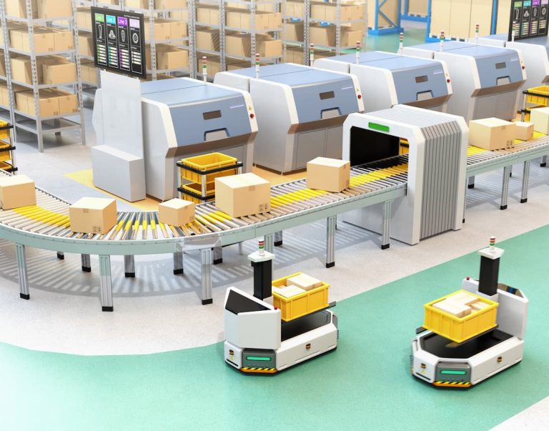 An automated warehouse integrated manual shelving of cartons with a conveyor system and autonomous mobile robots (AMR) are shown in the foreground