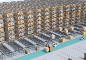 An ASRS pallet store is shown with conveyors stretching out from each bank of racking to supply another process. AGVs move products across the front of the tramming aisle