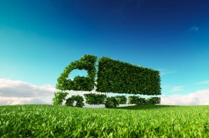 A healthy green bush is carved into the shape of a heavy goods vehicle (HGV) on a grassy foreground and a clear blue sky in the background illustrating green logistics, transport and supply chains