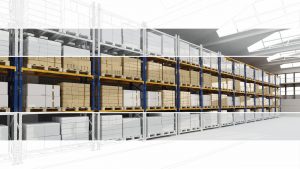 A 3D render of a warehouse interior showing a run of racking holding pallets of cartons