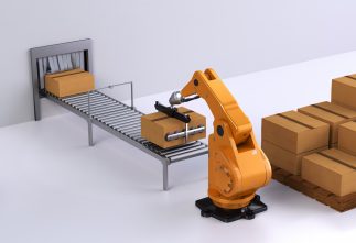 An orange robotic arm is situated at the end of a conveyor line and is palletising cartons to an adjacent pallet